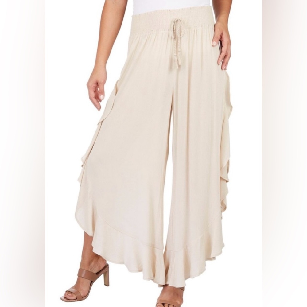 Smocked Boho Palazzo Pants in Cream or Nude. Smocked Elastic Waist Flowy Pants